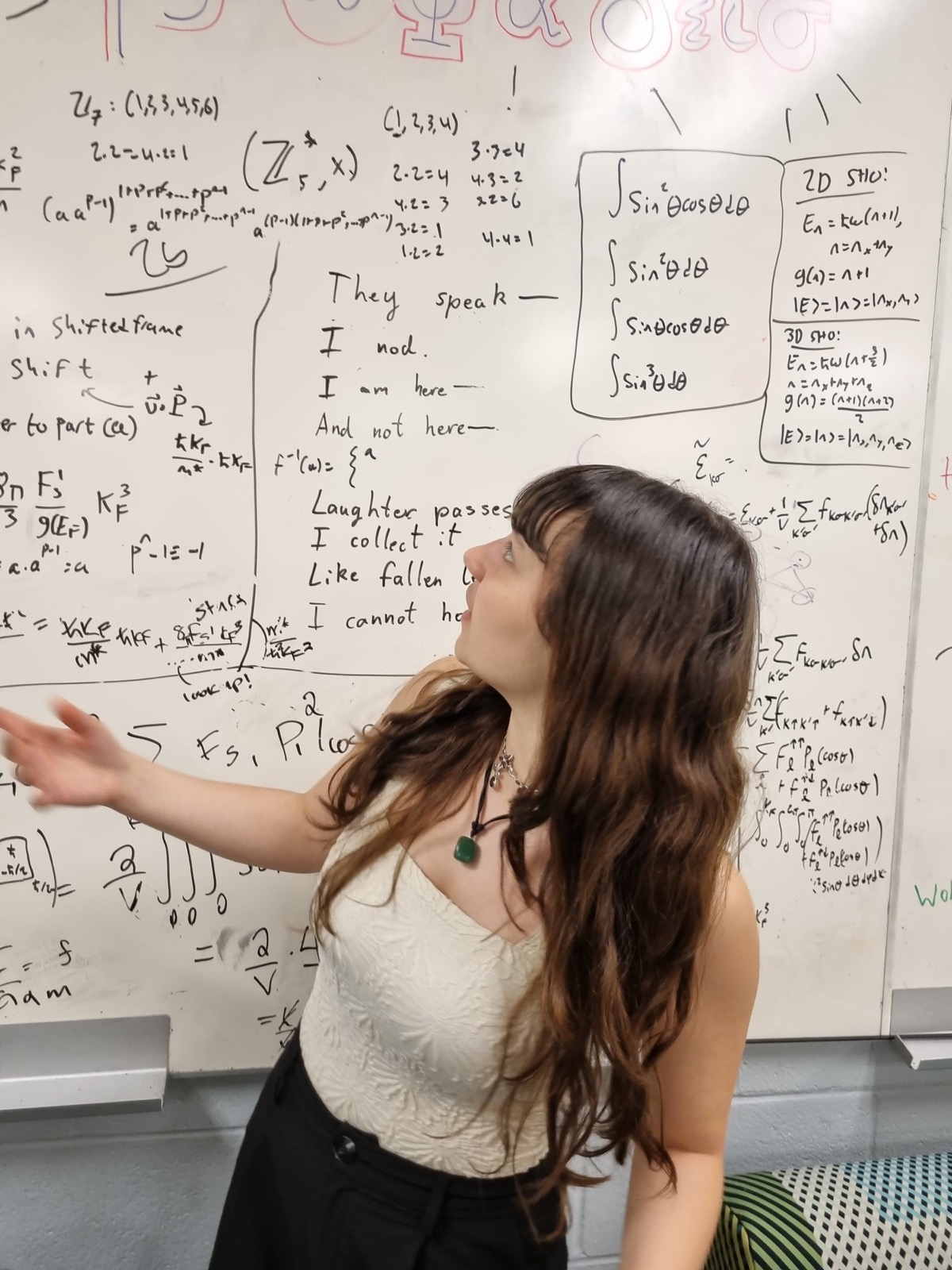 Marika discussing physics at a whiteboard